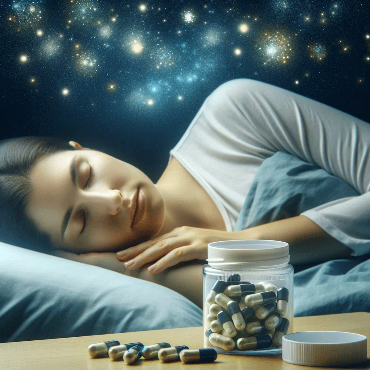 schlafende-Frau-mit-Melatonin-Kapseln-am-Nachttisch