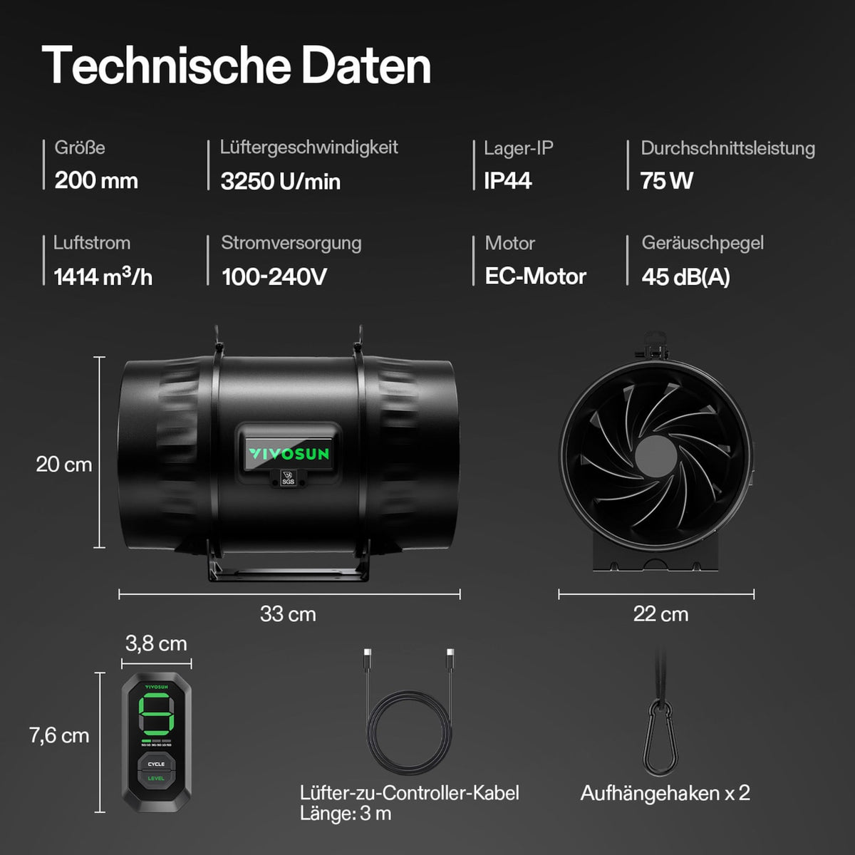 VIVOSUN AeroZesh T8 mit E12-Geschwindigkeitsregler