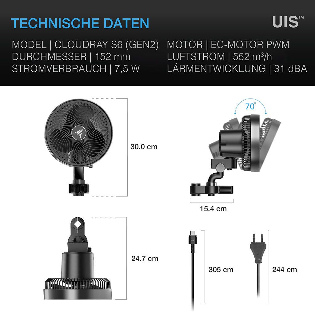 AC-Infinity-CLOUDRAY-S6-oszillierender-Grow-Zelt-Clip-Ventilator-GEN-2-EC-Motor-150-mm-technische-Daten