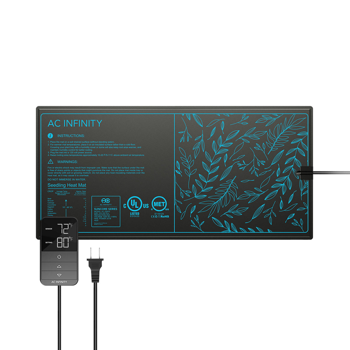 AC Infinity SUNCORE H3, Heizmatte für Keimlinge mit Digitalanzeige-Controller, 25,4 cm x 52,7 cm