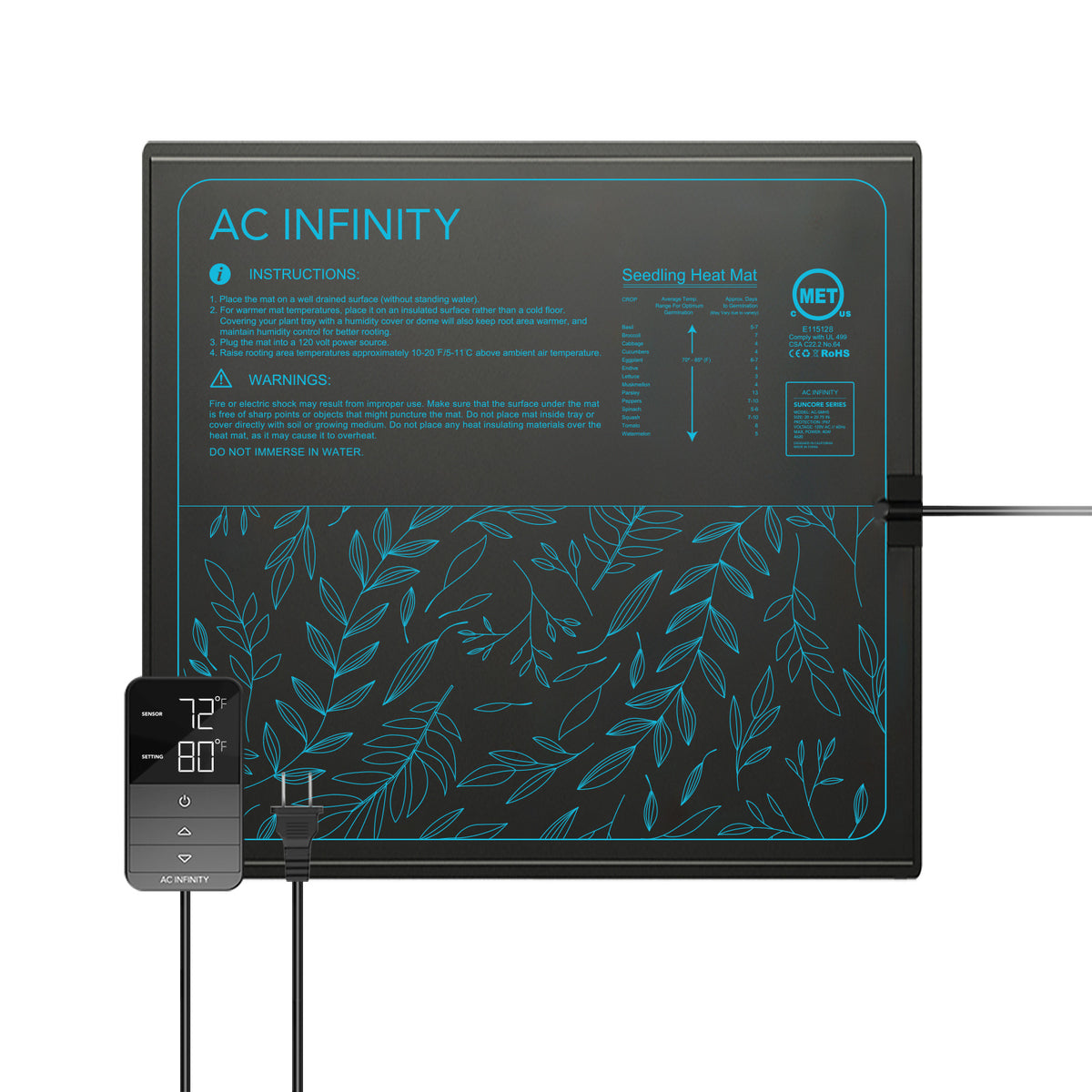 AC Infinity SUNCORE H5, Heizmatte für Keimlinge mit Digitalanzeige-Controller, 50,8 cm x 52,7 cm