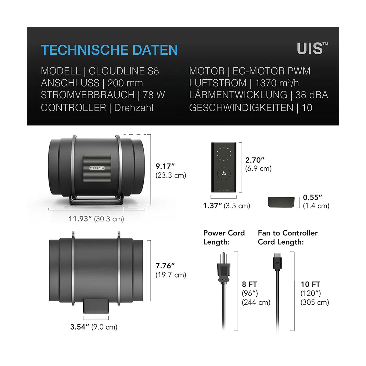 AC-Infinity-cloudline-pro-s8-200mm-technische-Daten