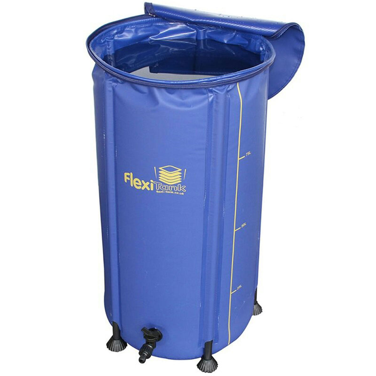 AutoPot Flexitank aus blauem, wasserfestem Material mit einer Kapazität von 400 Litern. Der Tank steht auf vier Beinen und hat eine Messskala an der Außenseite. Ein Hahn ist unten am Tank sichtbar.