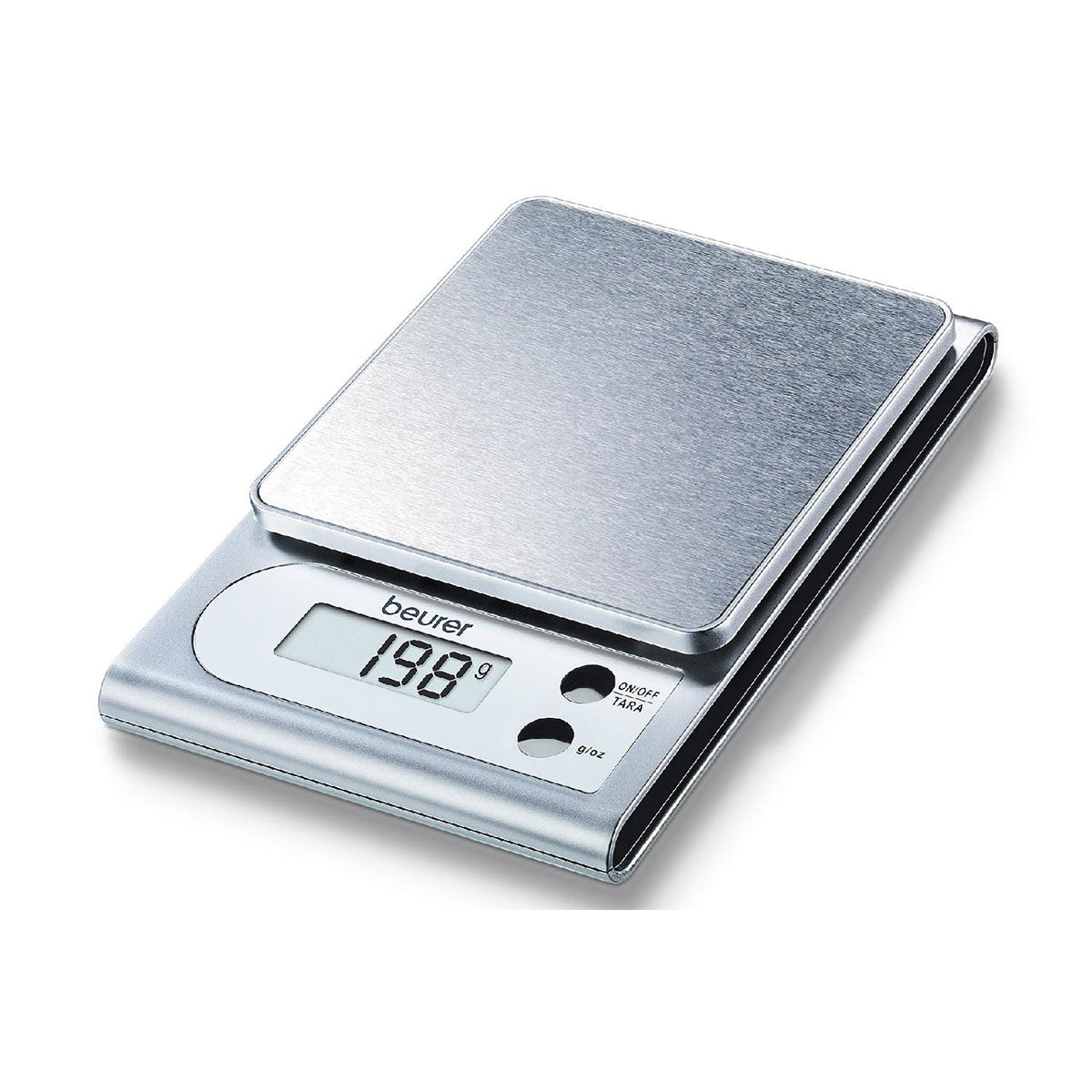 Beurer KS 22 Digitalwaage, silber, mit einer maximalen Tragkraft von 3 kg, zeigt 198 g auf dem digitalen Display an.