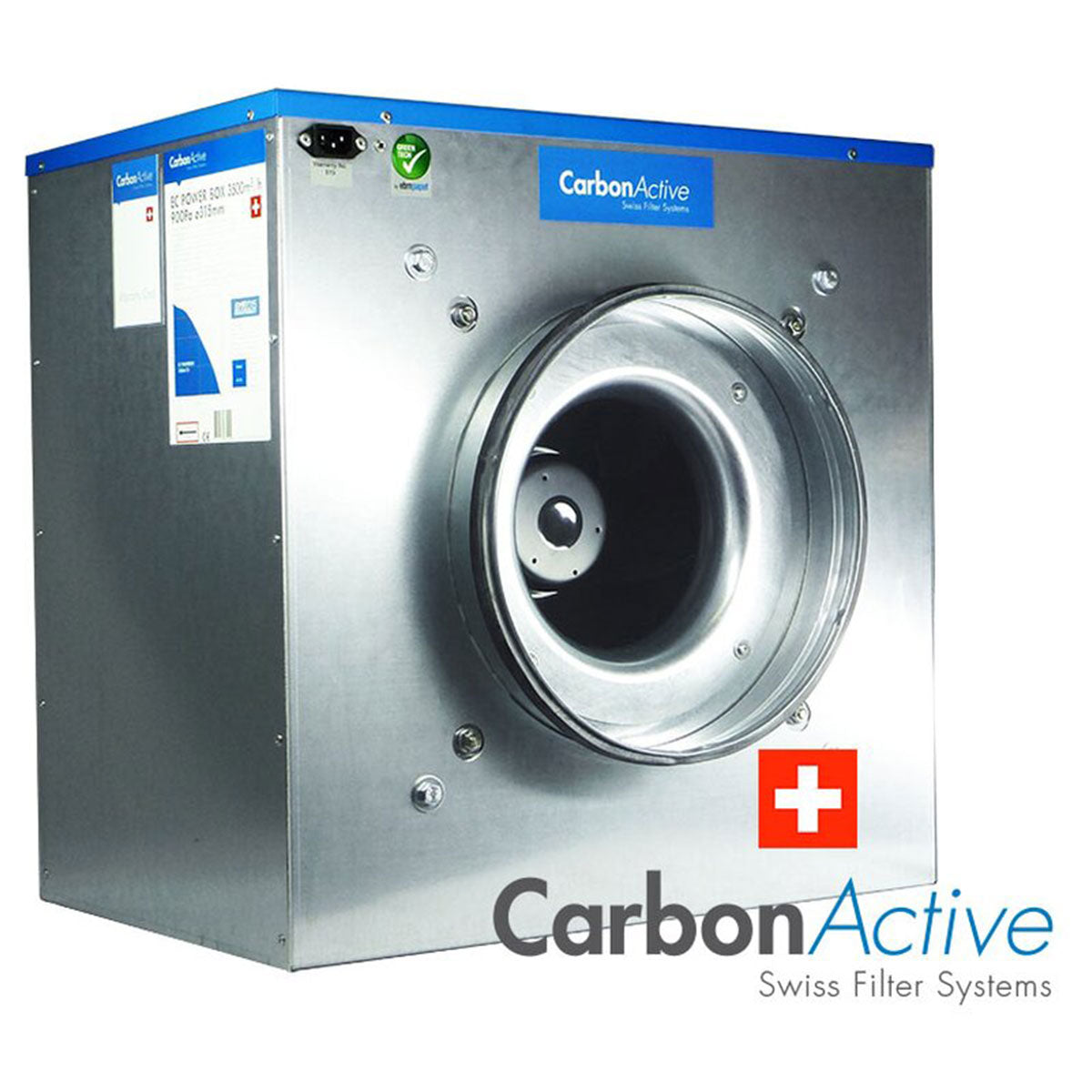 CarbonActive EC ZA Silent Box mit Schweizer Filtersystem in Metallgehäuse und sichtbarem Lüfteranschluss auf der Vorderseite.
