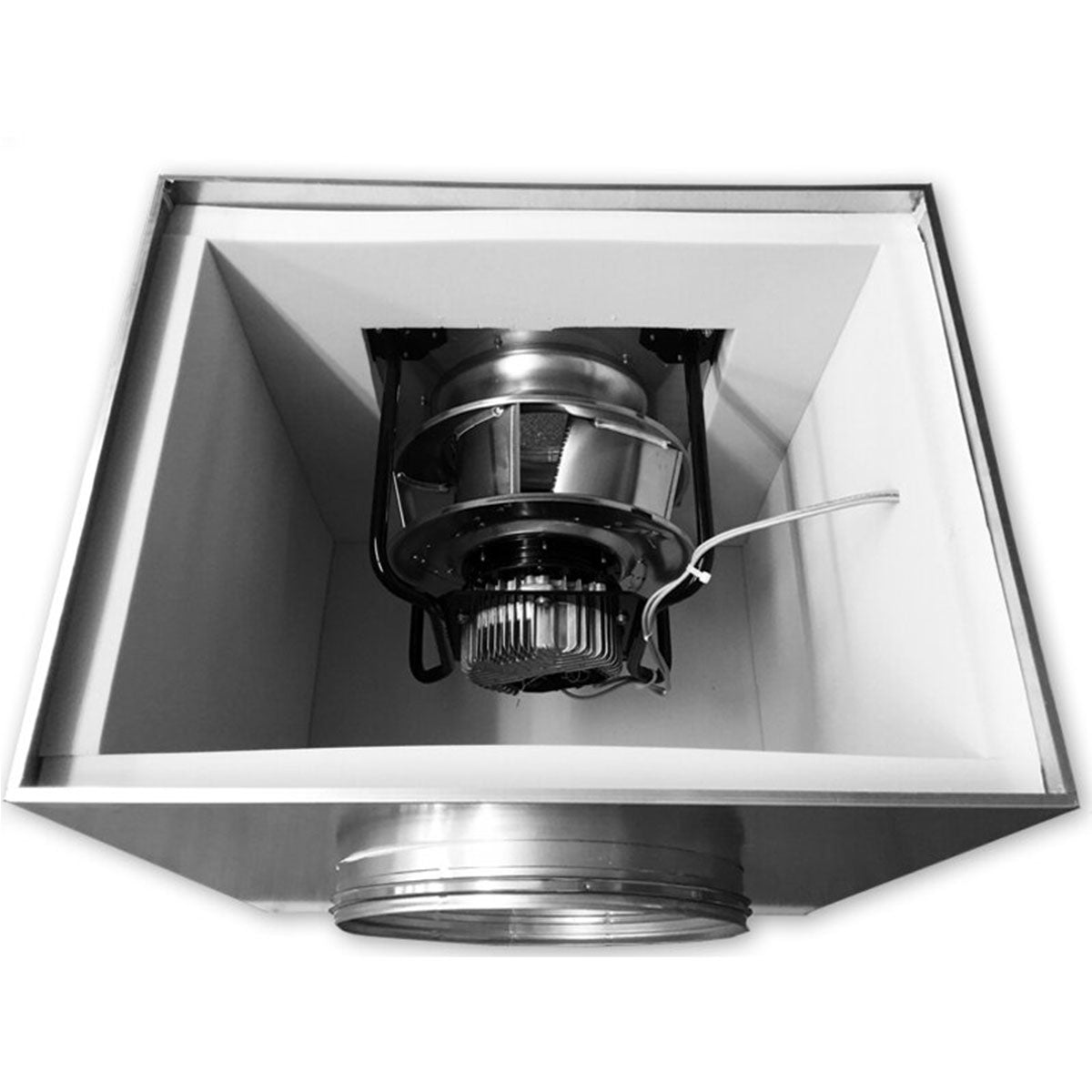 Ansicht des Inneren der CarbonActive EC ZA Silent Box, zeigt den integrierten Lüfter und die Kabelverbindungen.