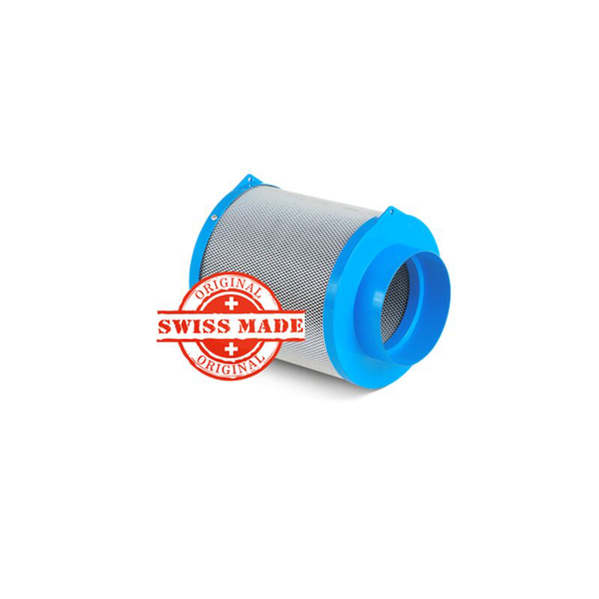CarbonActive Granulatfilter mit Schweizer Qualitätssiegel, blauen Anschlussflanschen und robustem Metallgitter, geeignet für Luftdurchfluss von 200 m³/h bei einem Anschlussdurchmesser von 125 mm.