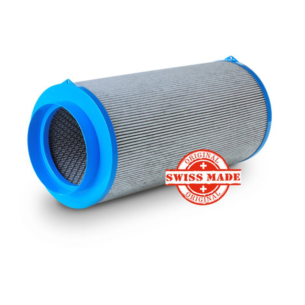 CarbonActive HomeLine Filter mit Schweizer Qualitätssiegel, ausgestattet mit blauen Flanschen und einem kompakten, gerippten Gehäuse für eine effiziente Luftfilterung. Geeignet für einen Luftdurchsatz von 1000 m³/h und mit einem Flanschdurchmesser von 200 mm.