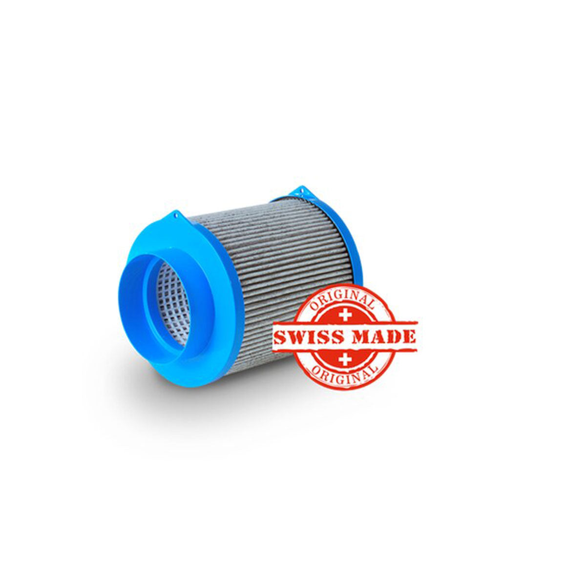 Kompakter CarbonActive HomeLine Filter mit Schweizer Qualitätssiegel, blauen Flanschen und geripptem Design für optimale Luftfilterung. Geeignet für einen Luftdurchsatz von 200 m³/h und mit einem Flanschdurchmesser von 125 mm.