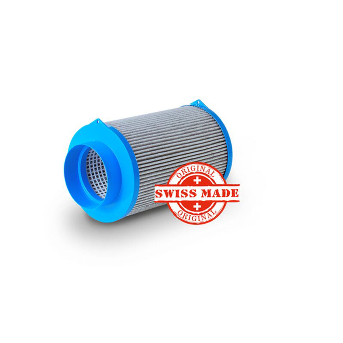 Hochwertiger CarbonActive HomeLine Filter mit Schweizer Qualitätssiegel, blauen Flanschen und geriffelter Oberfläche für effiziente Luftfilterung. Geeignet für einen Luftdurchsatz von 300 m³/h und mit einem Flanschdurchmesser von 125 mm.