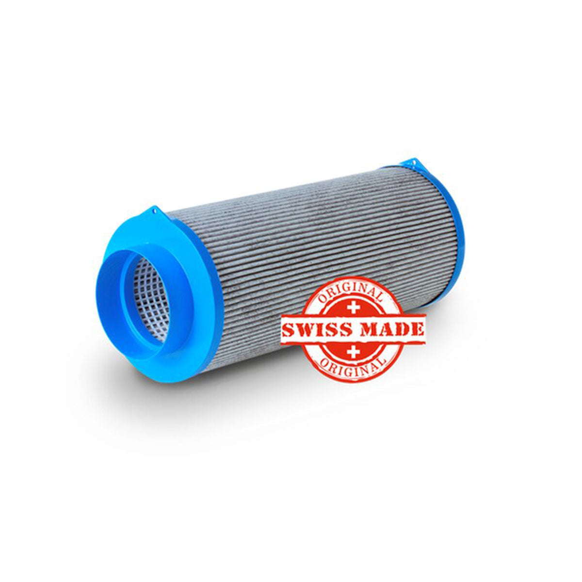 Hochwertiger CarbonActive HomeLine Filter in Schweizer Qualität, ausgestattet mit blauen Flanschen und einer geriffelten Oberfläche, geeignet für einen Luftdurchsatz von 500 m³/h und einem Flanschdurchmesser von 125 mm.