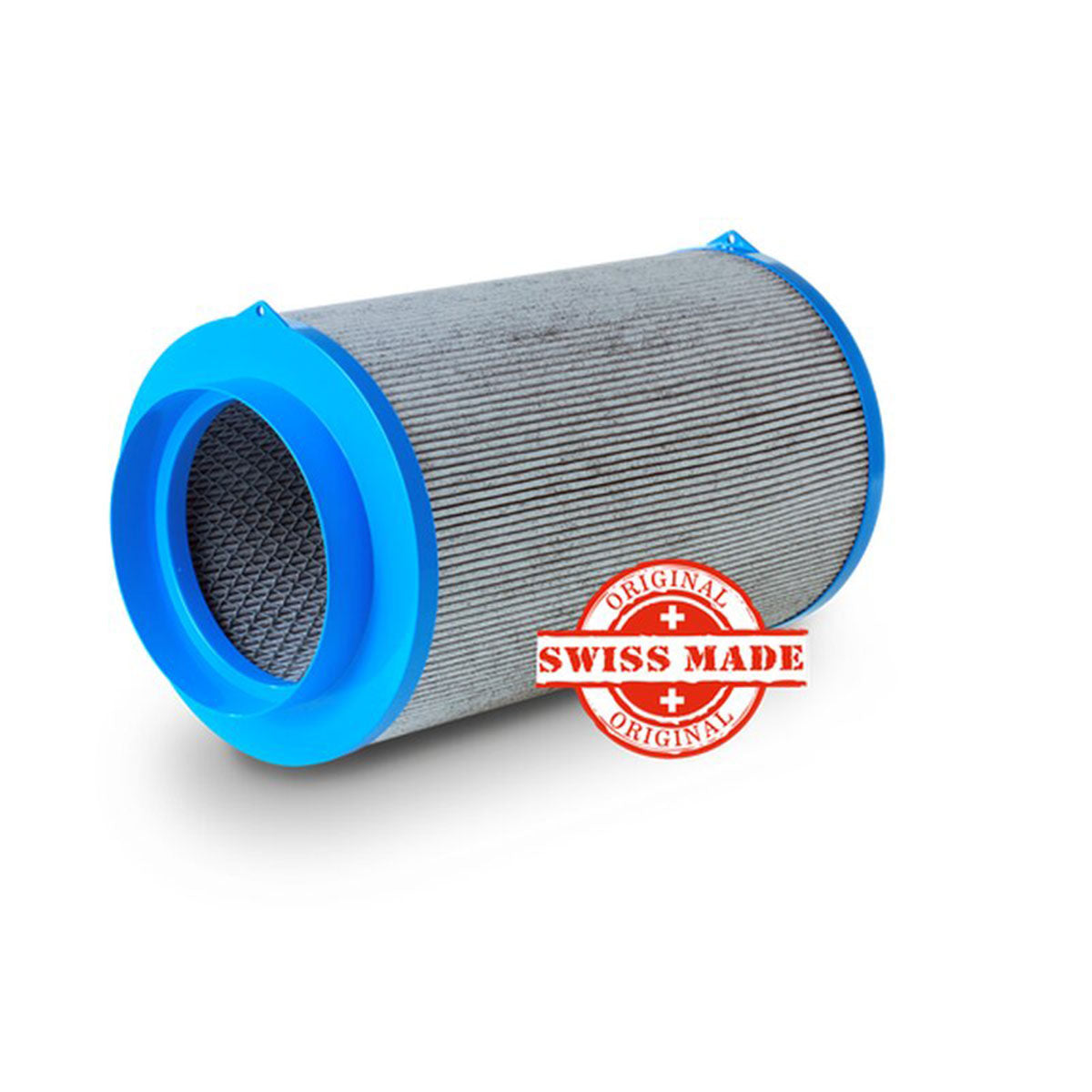 Schweizer CarbonActive HomeLine Filter mit blauen Flanschen und geriffelter Filteroberfläche, ausgelegt für einen Luftdurchsatz von 800 m³/h und einem Flanschdurchmesser von 200 mm.