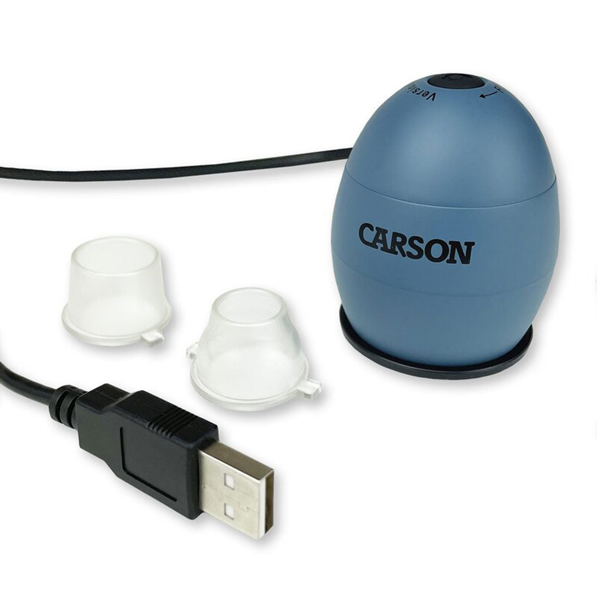 Carson Zorb 81x Digitalmikroskop, USB-Anschluss und zwei abnehmbare Objektivaufsätze, seitliche Ansicht des Mikroskops.