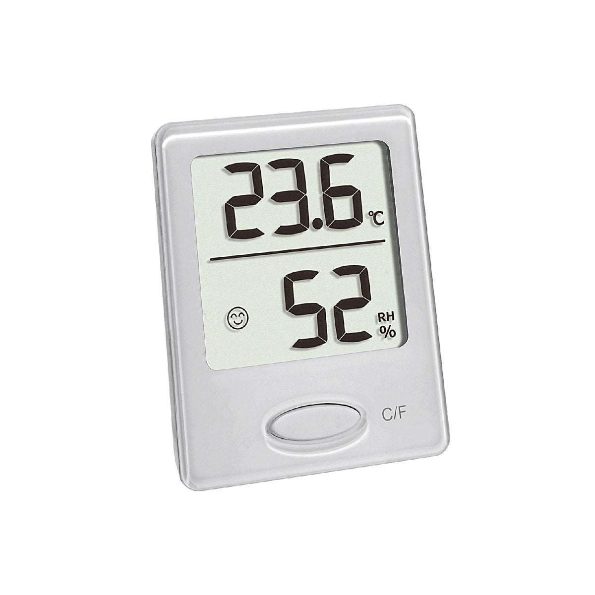 Das Bild zeigt ein digitales Thermo-Hygrometer zur Messung der Temperatur und Luftfeuchtigkeit. Auf dem Display wird eine Temperatur von 23,6°C und eine relative Luftfeuchtigkeit von 52% angezeigt. Darunter befindet sich eine kleine Smiley-Anzeige, die auf eine angenehme Umgebung hinweist, sowie ein Knopf für die Umschaltung zwischen Celsius und Fahrenheit (C/F). Das Gerät hat ein kompaktes und schlichtes Design.