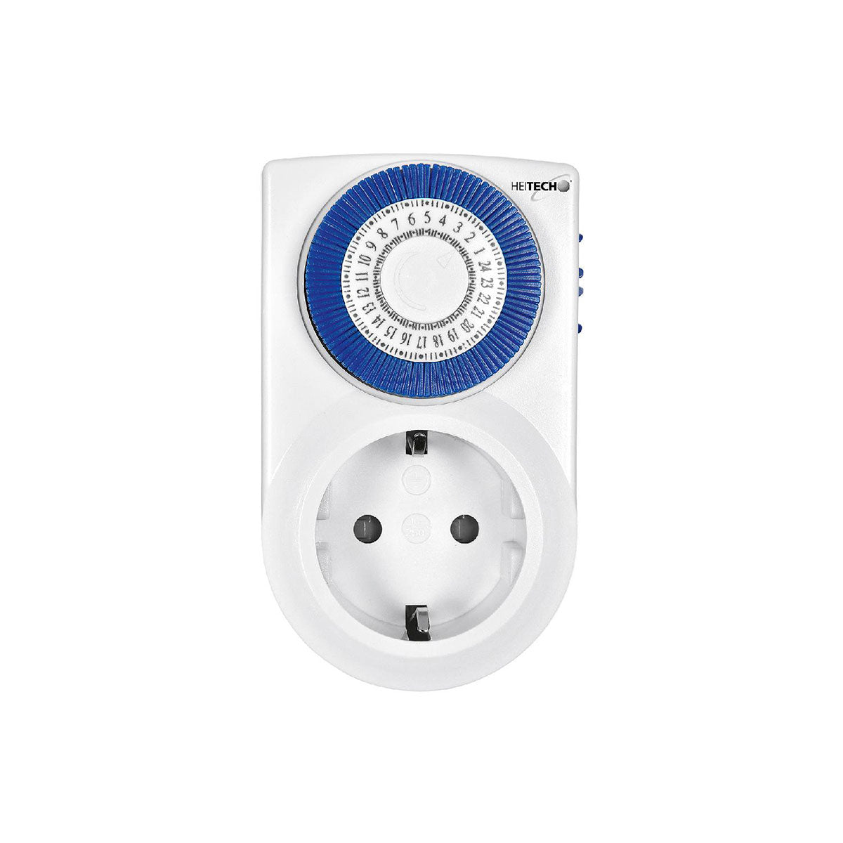 HEITECH mechanische Tages-Zeitschaltuhr in kompakter Größe, mit blau-weißem Einstellrad