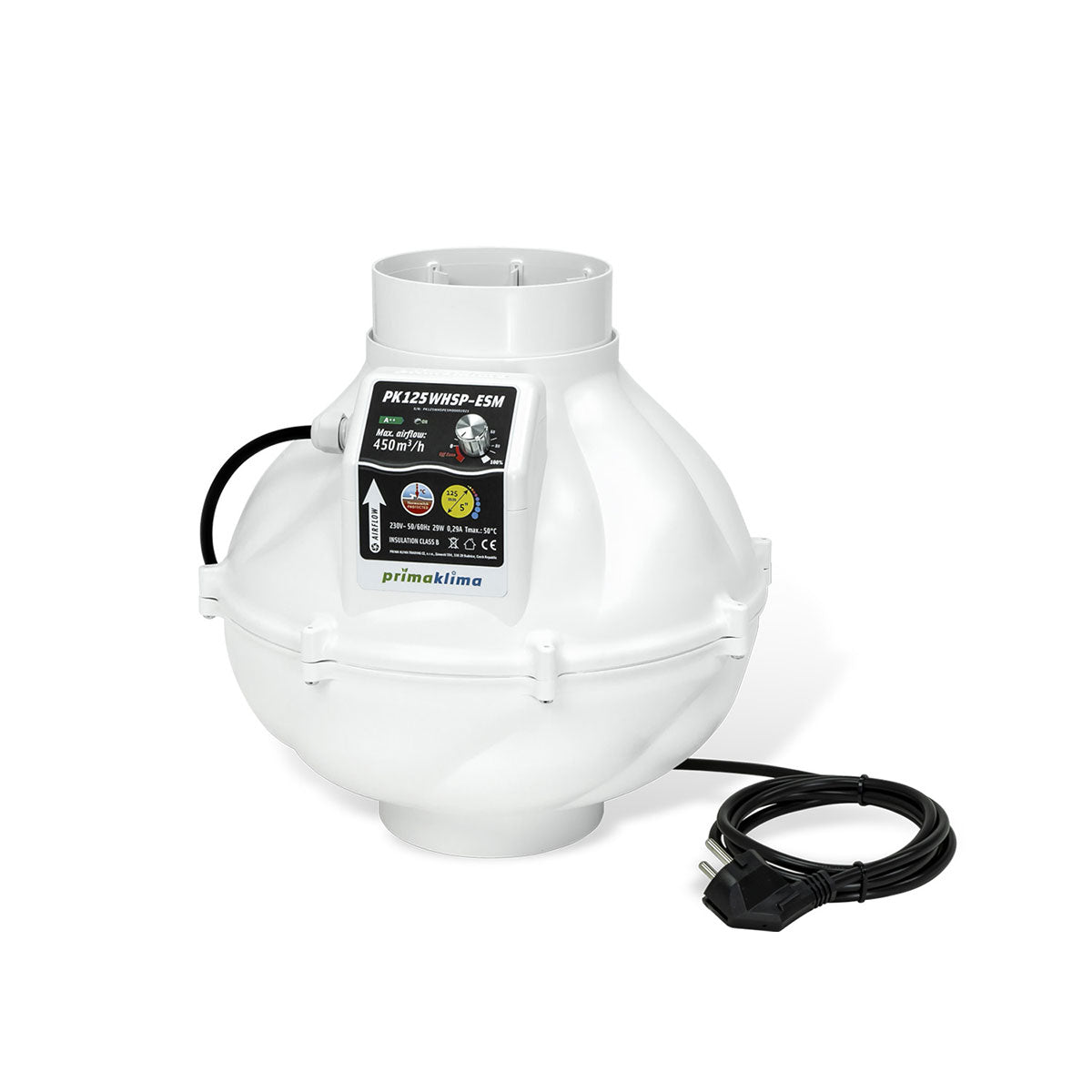 Prima Klima Silenced Fan WhisperBlower Ø125 mm, EC-Motor PK125WHSP-ESM, eine weiße Lüftereinheit mit einem energieeffizienten EC-Motor und einem angebrachten Netzkabel zur Luftförderung von 450 m³/h.