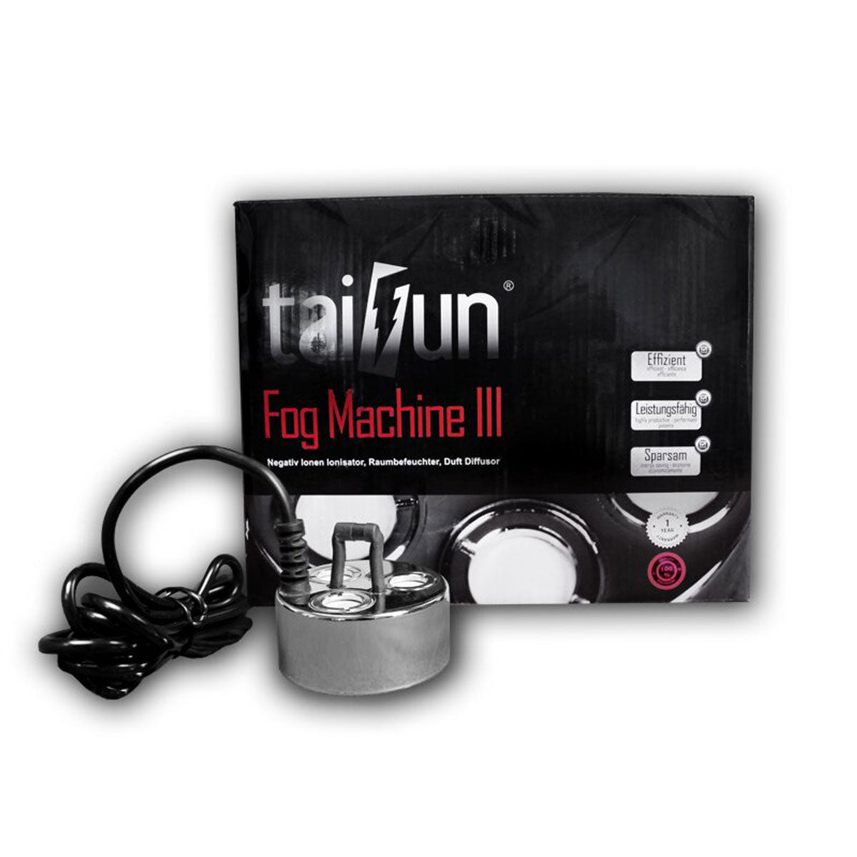 Taifun Nebler Fog Machine III - Produktansicht – Nebelmaschine mit drei Düsen, schwarzem Gehäuse und Taifun-Logo, für leistungsstarke Raumluftbefeuchtung und Ionisierung.