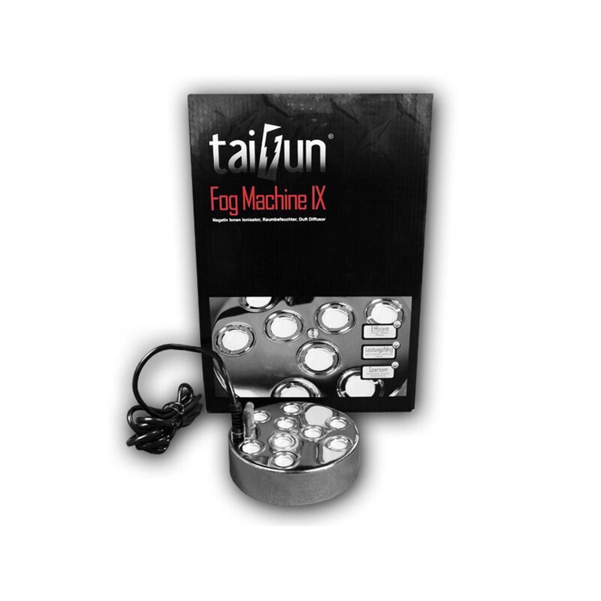 Taifun Fog Machine IX - Verpackung und Nebler mit neun Düsen und schwarzem Netzkabel.