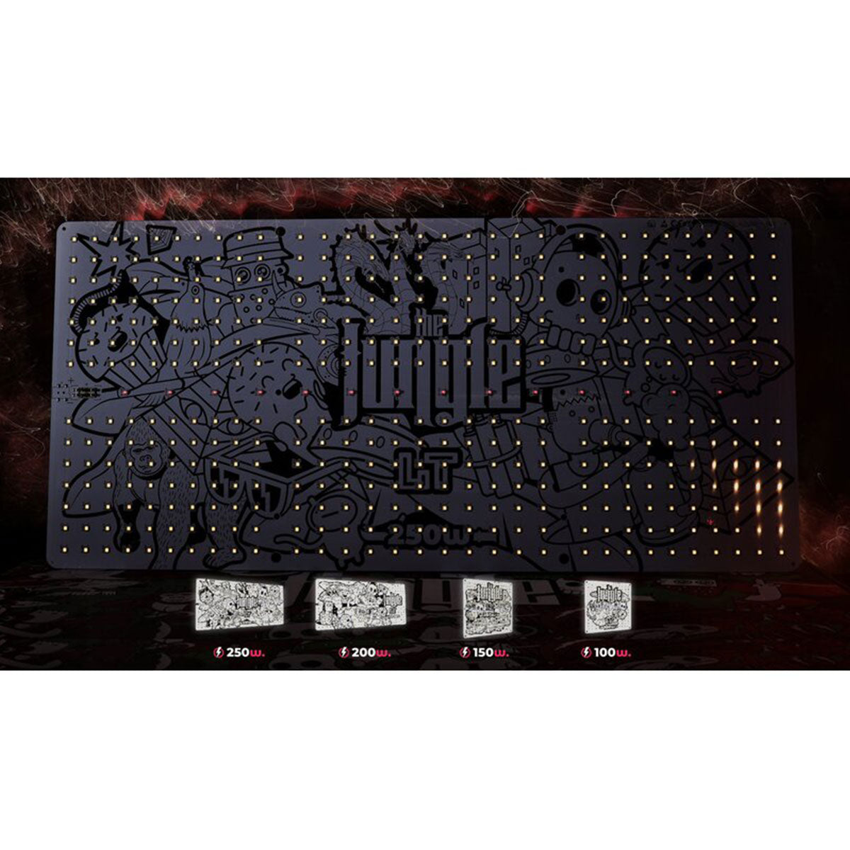 Beleuchtete Ansicht der “The Jungle LT 250W” LED-Platine in einer dunklen Umgebung, die die Lichtleistung hervorhebt.