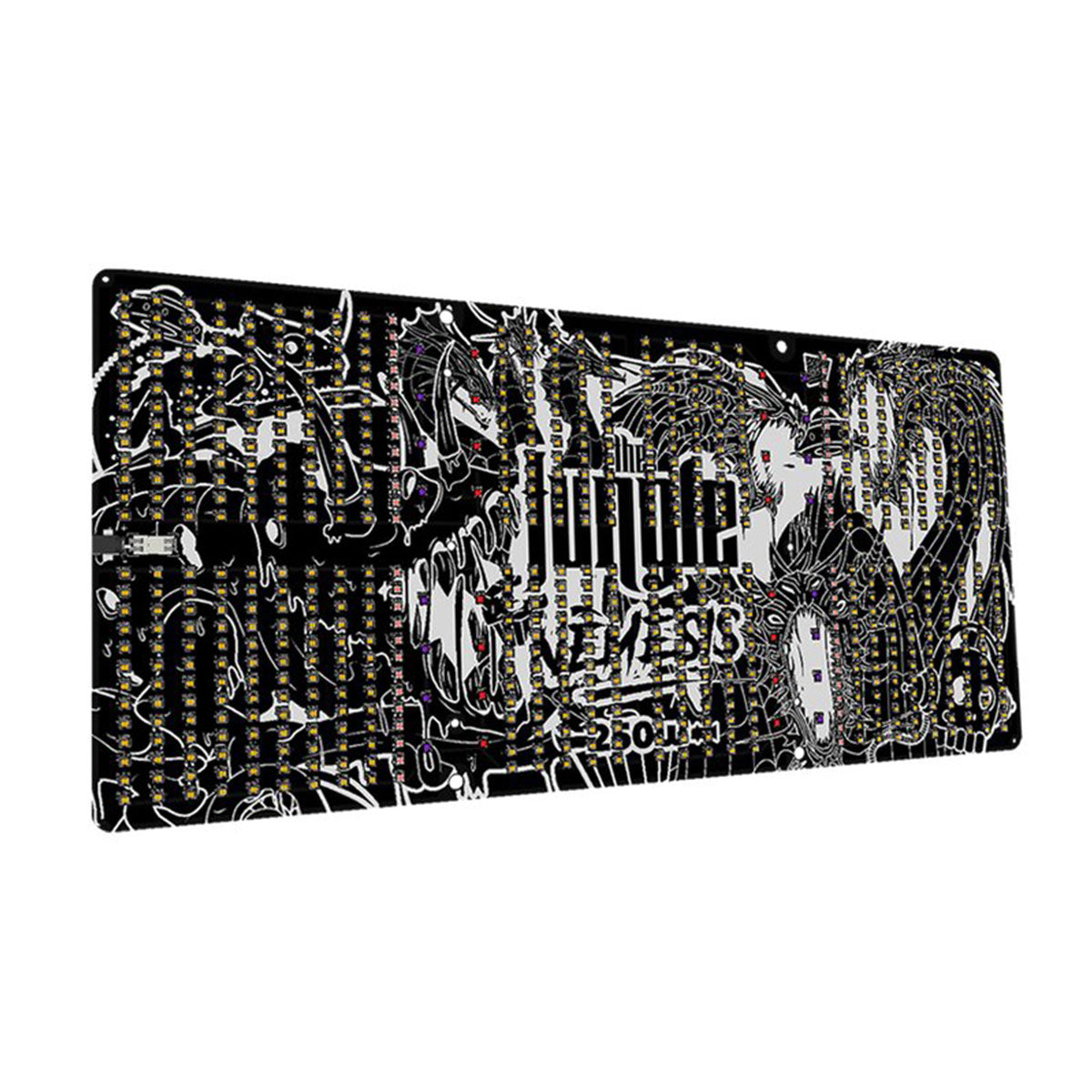 LED-Paneel “The Jungle NEMESIS 250W” mit detaillierter Illustration auf schwarzem Hintergrund und leuchtenden LED-Lichtern für Pflanzenbeleuchtung.