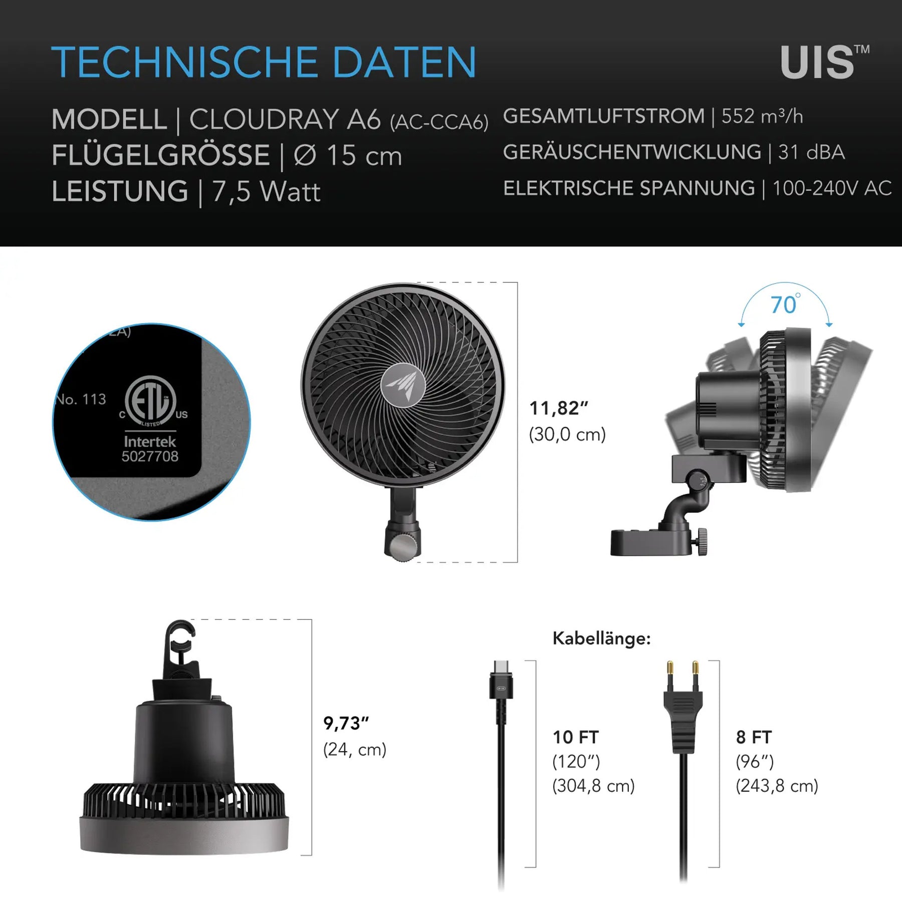 AC Infinity CLOUDRAY A6 Gen 2 oszillierender Growzelt Ventilator