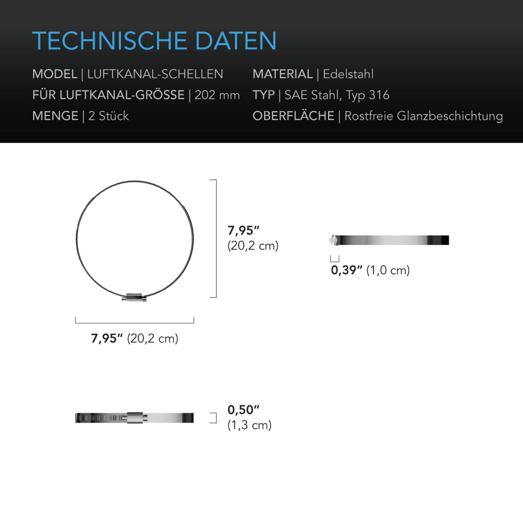 AC Infinity Edelstahl-Rohrschellen 200 mm - Doppelpack