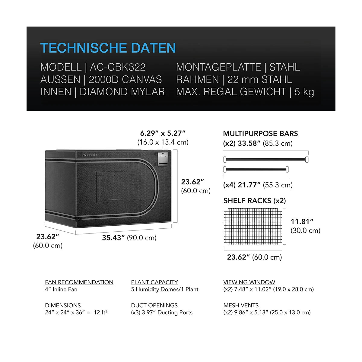 AC Infinity CLOUDLAB Advance Anzucht Grow Zelt 60x60x90 cm