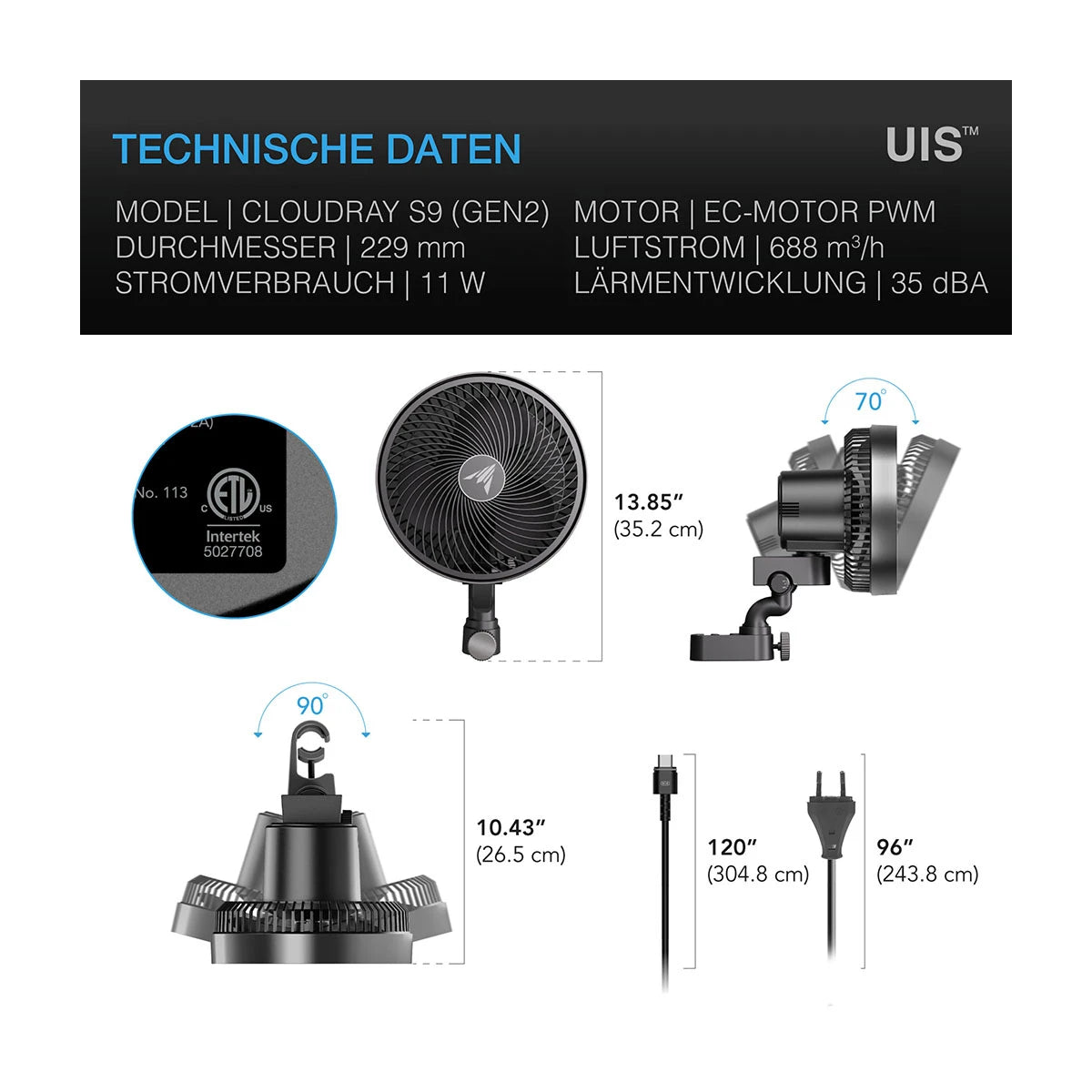 AC Infinity CLOUDRAY S9, GEN 2, Growzelt-Clip-Ventilator 225 mm