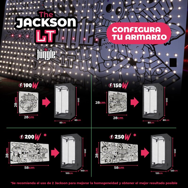 Konfigurationsdiagramm für das LED-Panel “The Jackson LT”, das unterschiedliche Leistungsstufen für verschiedene Anbaugrößen zeigt.