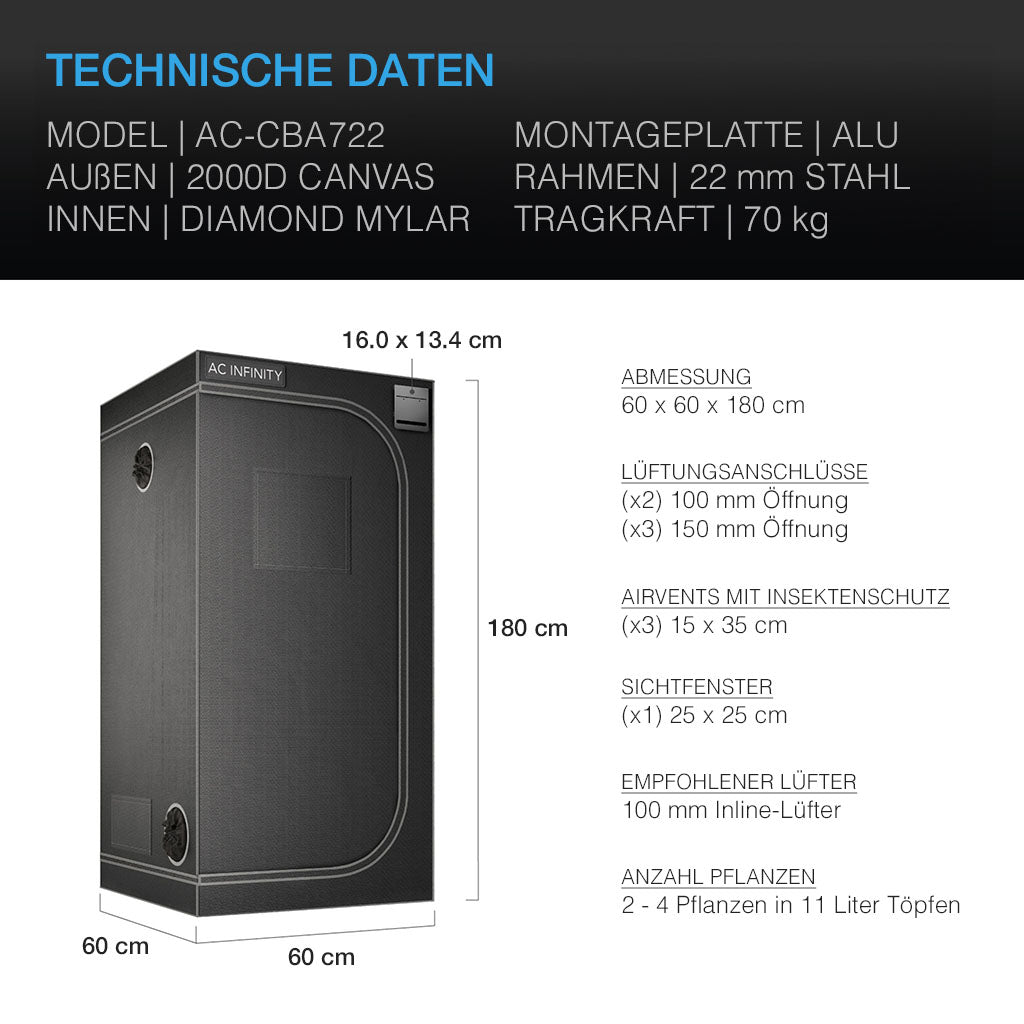 AC Infinity CLOUDLAB 722 Advance Grow Zelt 60x60x180 cm