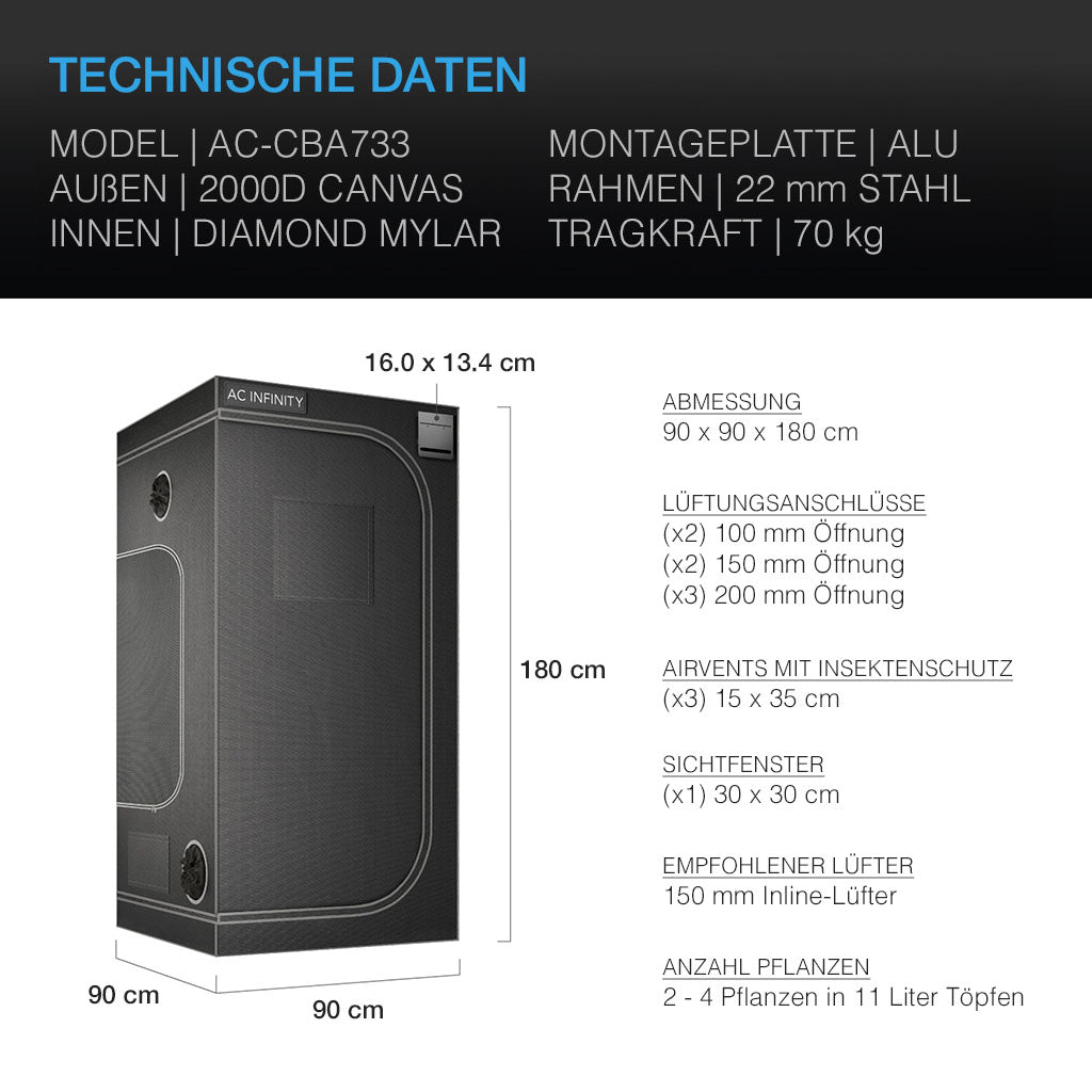 AC-Infinity-CLOUDLAB-733-Advance-Grow-Zelt-90-90-180-cm-2000d-diamant-mylar-technische-Daten