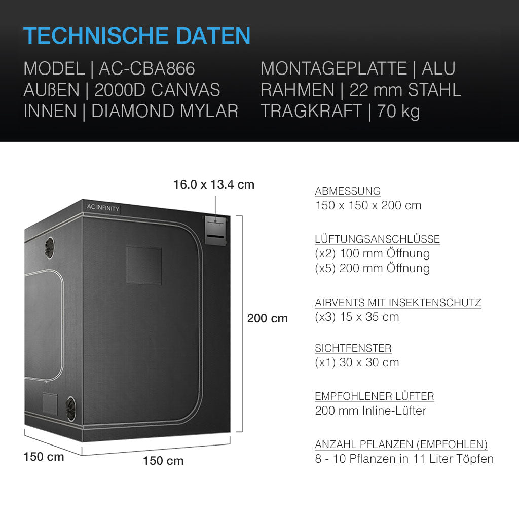 AC-Infinity-CLOUDLAB-866-Advance-Grow-Zelt-150-150-200-cm-2000d-diamant-mylar-technische-Daten