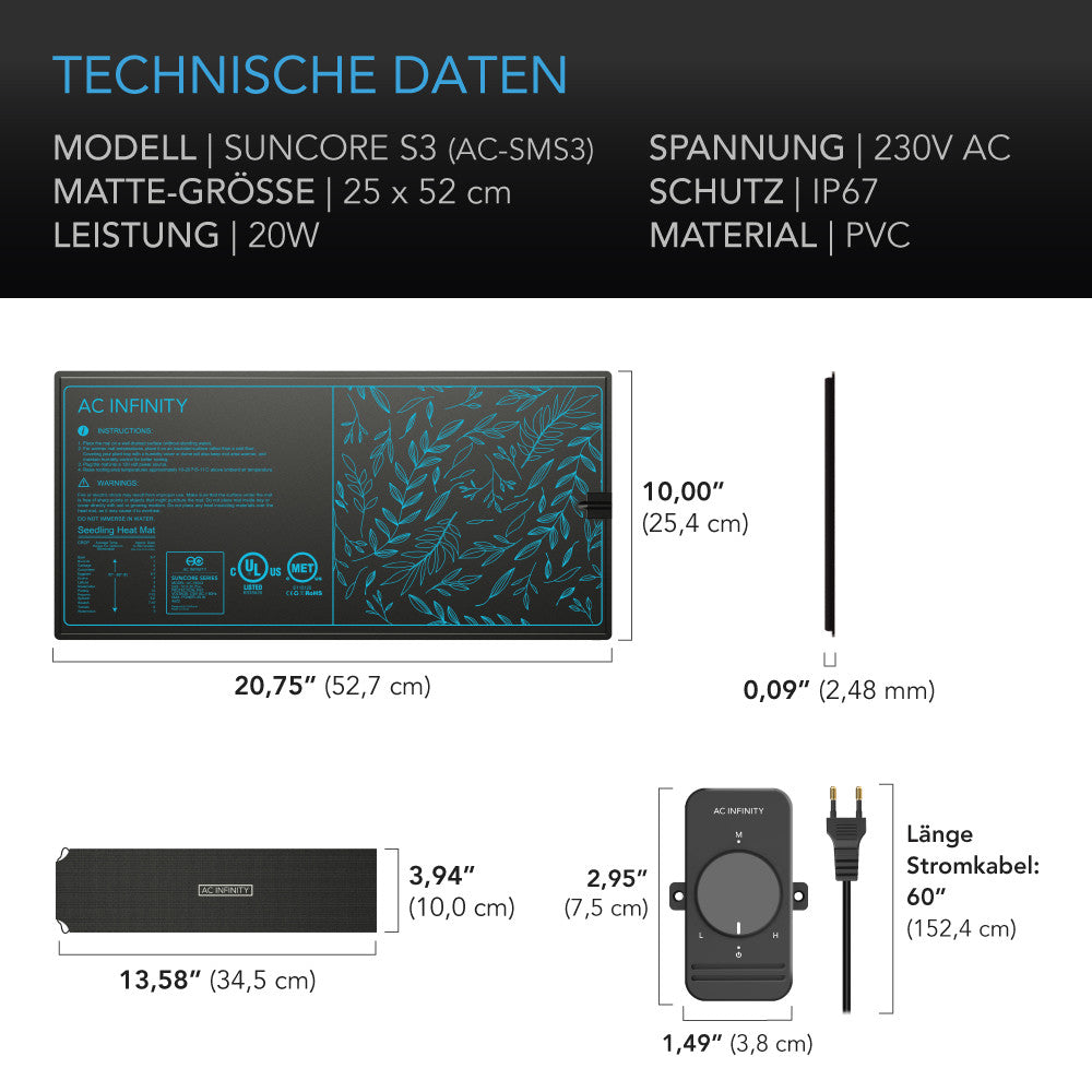 AC Infinity SUNCORE S3, wasserfeste Heizmatte für Keimlinge mit Heizungs-Controller, 25,4 cm x 52,7 cm