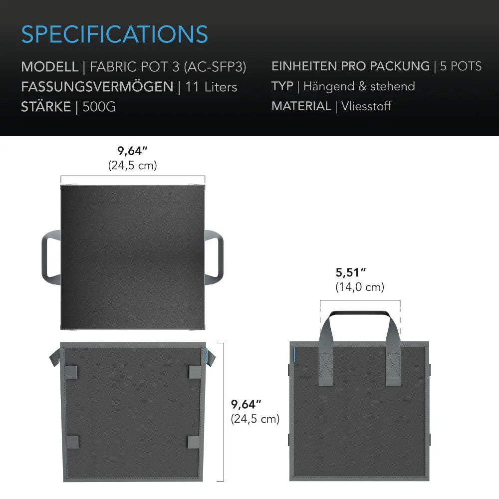 AC Infinity hochbelastbare, quadratische, wiederverwendbare Stofftöpfe, 11 Liter, 5er-Pack