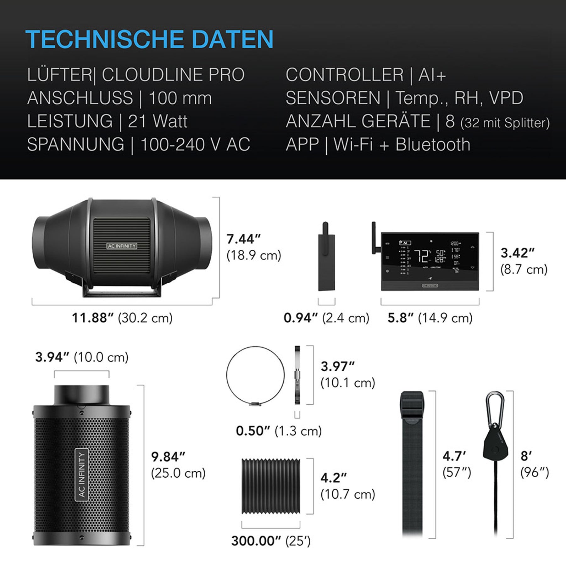 AC Infinity Luftfilter-Set AI 100 mm mit Controller AI+