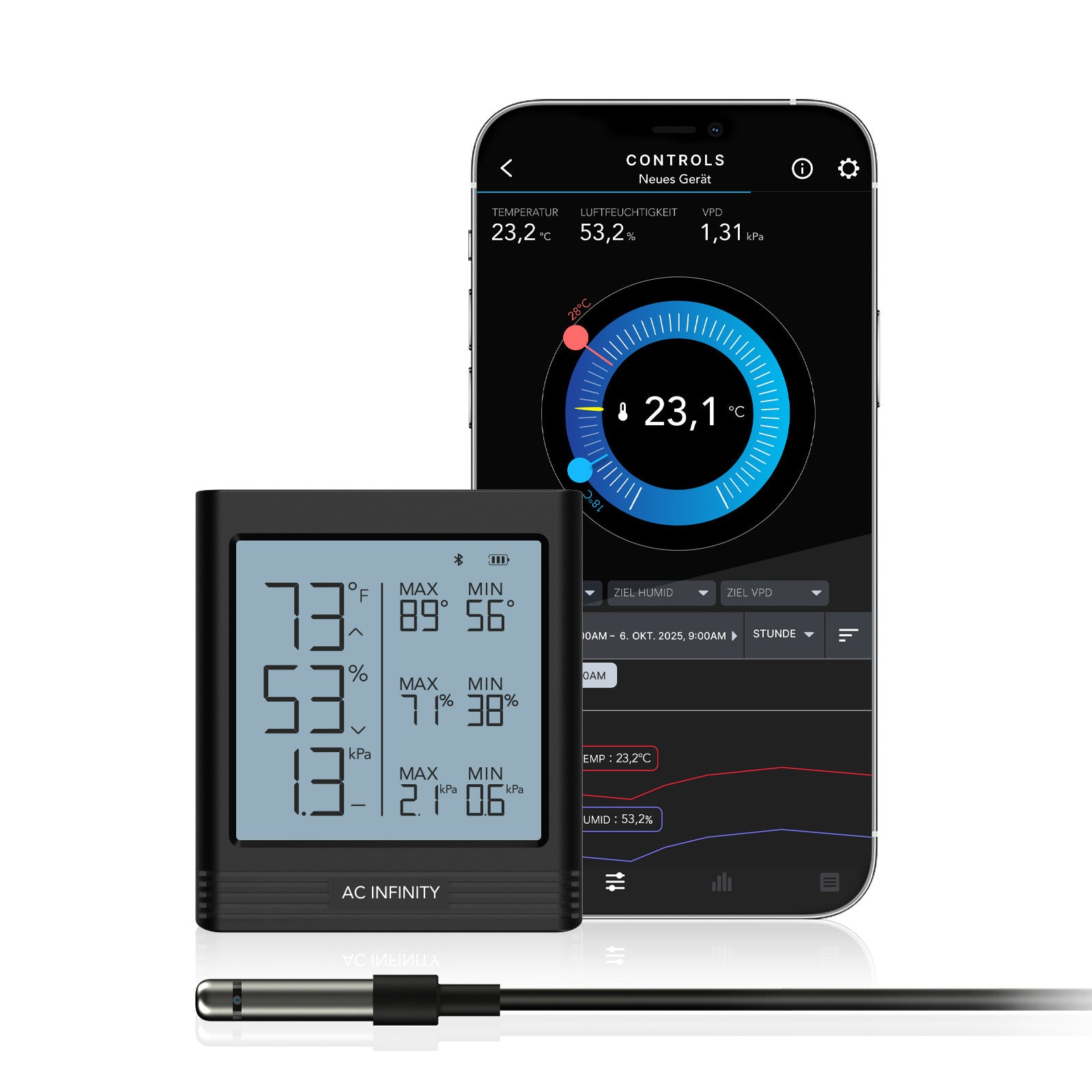 AC Infinity Smart Hygrometer B1 mit Display und externem Klimasensor