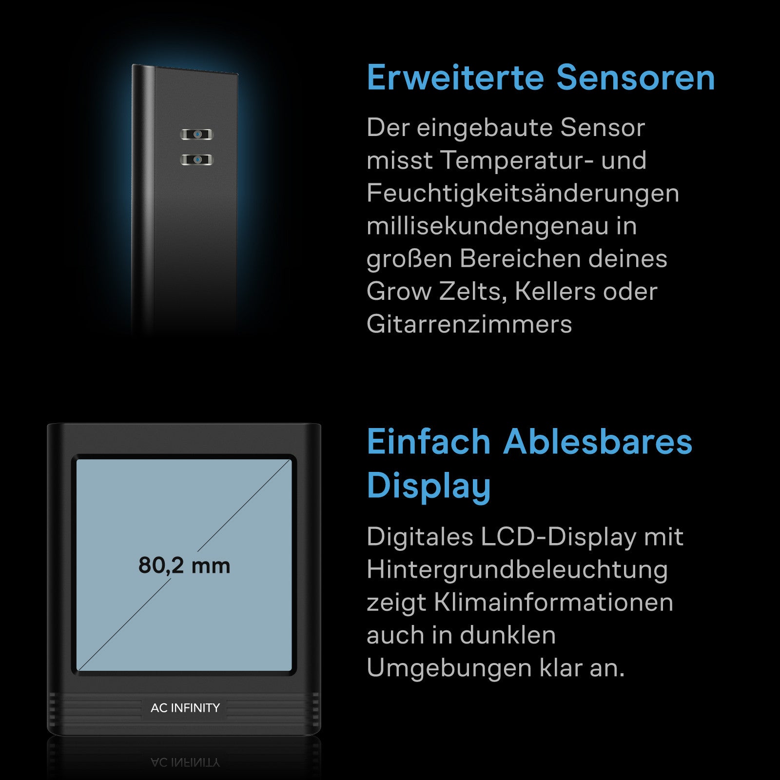 AC Infinity Smart Hygrometer B2 mit Display und internem Klimasensor