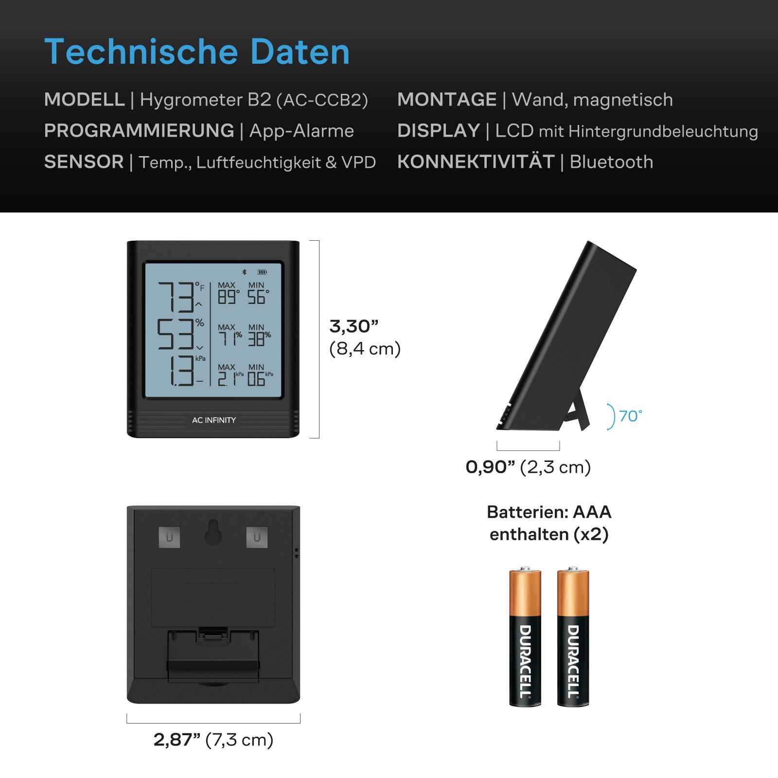 AC Infinity Smart Hygrometer B2 mit Display und internem Klimasensor