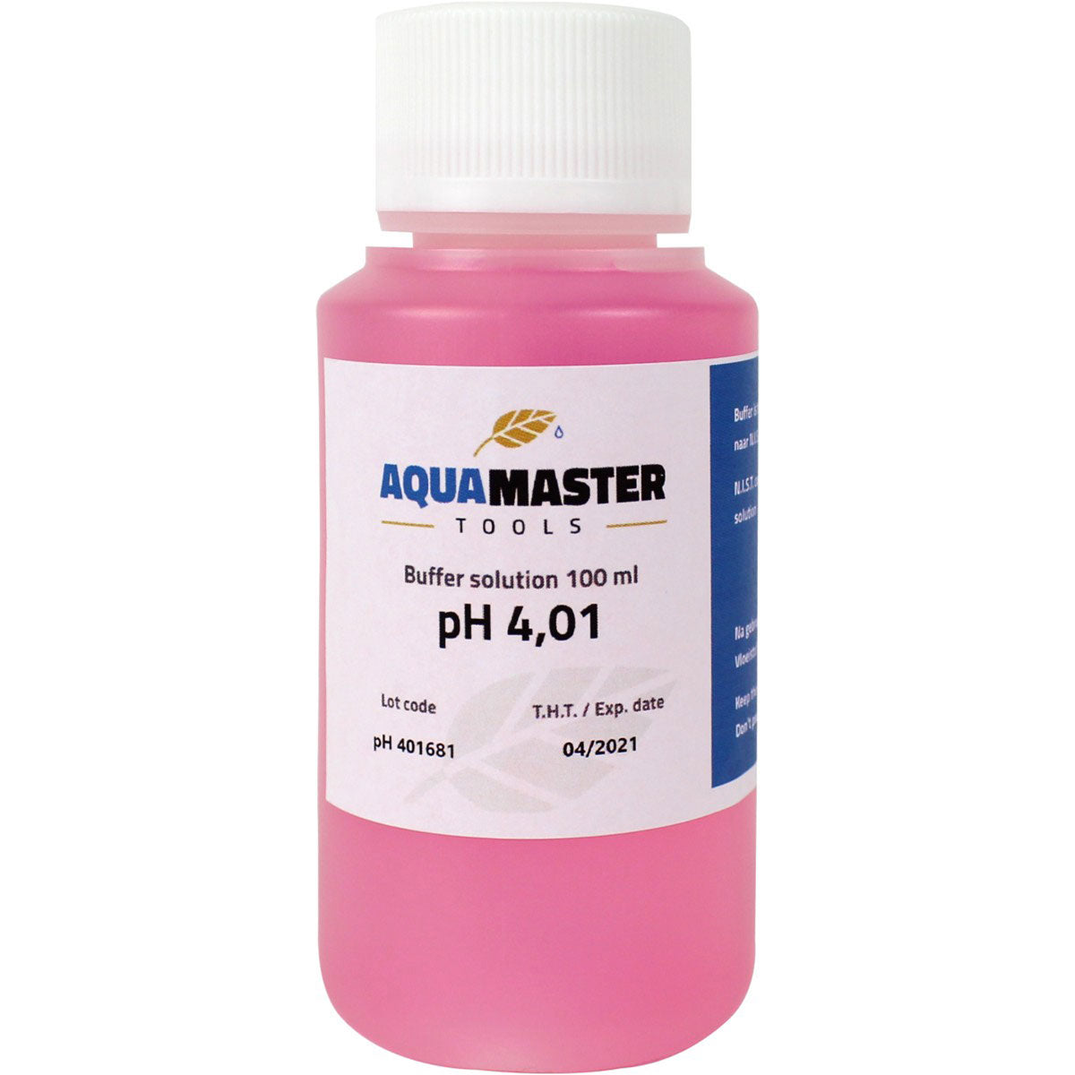 AQUAMASTER TOOLS pH 4,01 Kalibrierflüssigkeit, 100 ml Flasche mit pinkfarbener Flüssigkeit zur Kalibrierung von pH-Messgeräten, ausgestattet mit einem weißen Schraubverschluss und Etikett mit Produktinformationen.