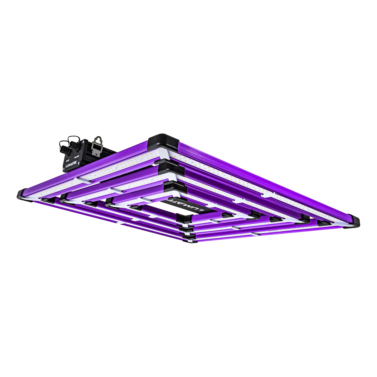 Ansicht von unten der Lumatek ATS300W Pro LED-Pflanzenleuchte, die die Anordnung der Lichtleisten und das kompakte Netzteil an der Seite zeigt.