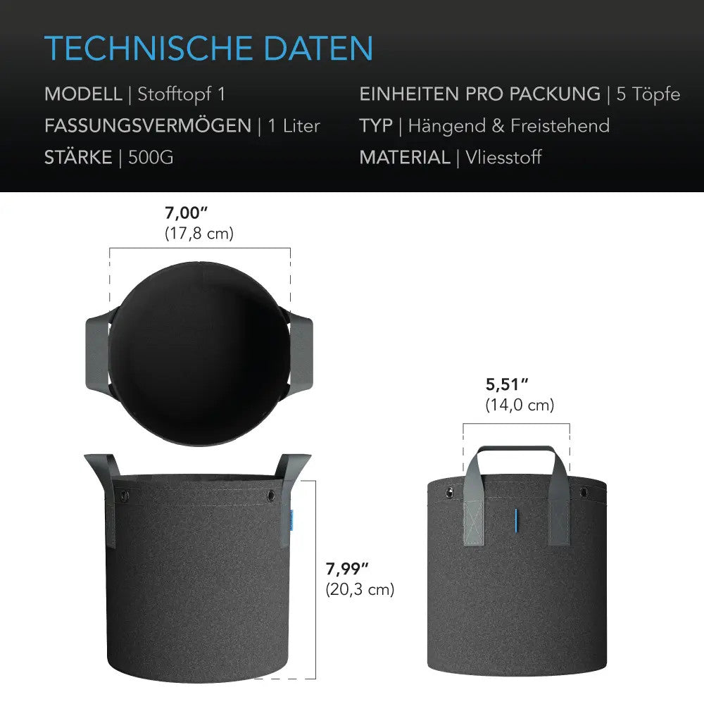 AC Infinity hochbelastbare wiederverwendbare Stofftöpfe, 3,8 Liter, 5er-Pack