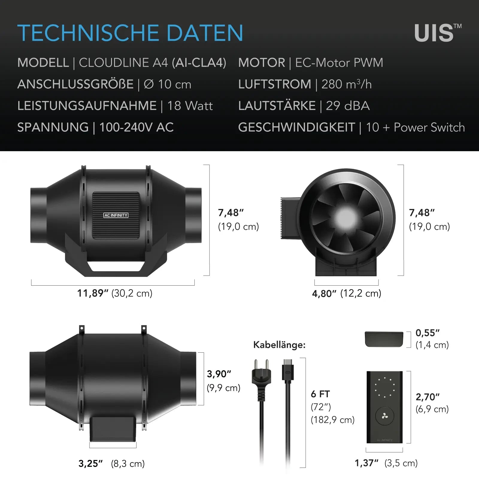 CLOUDLINE A4, Inline-Rohrventilator, 100 mm, Drehzahlregler