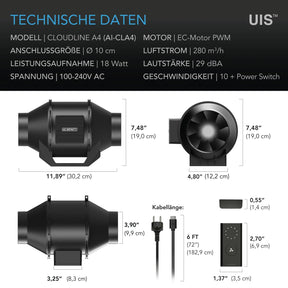 CLOUDLINE A4, Inline-Rohrventilator, 100 mm, Drehzahlregler