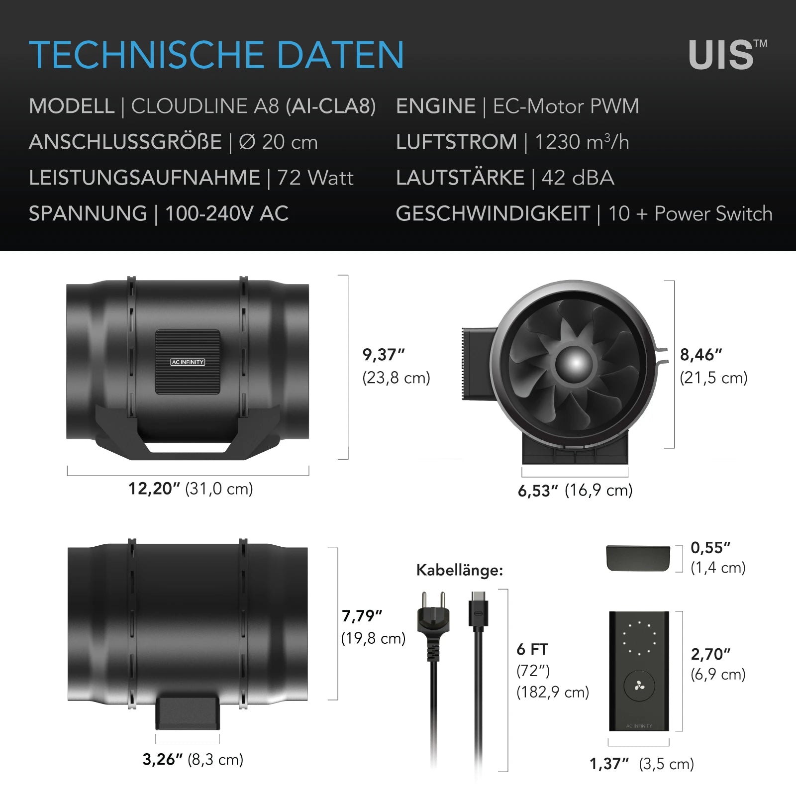 CLOUDLINE A8, Inline-Rohrventilator, 200 mm, Drehzahlregler