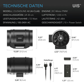 CLOUDLINE A8, Inline-Rohrventilator, 200 mm, Drehzahlregler