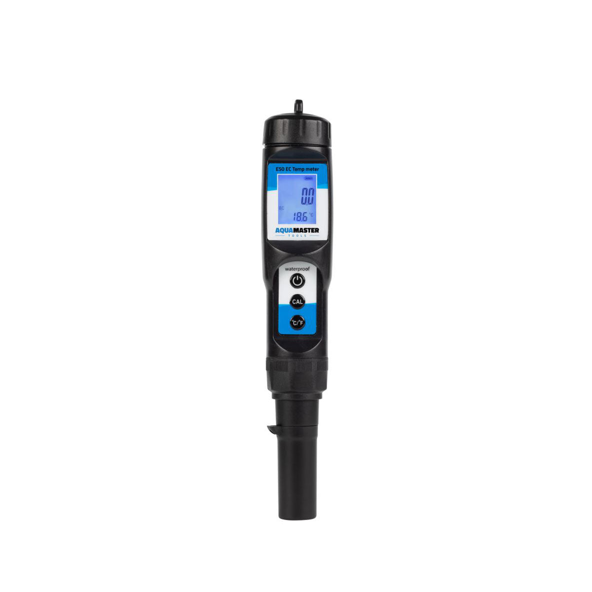 AquaMaster Tools E50 Pro EC- und Temperaturmessgerät mit beleuchtetem Display, zeigt EC- und Temperaturwerte an.