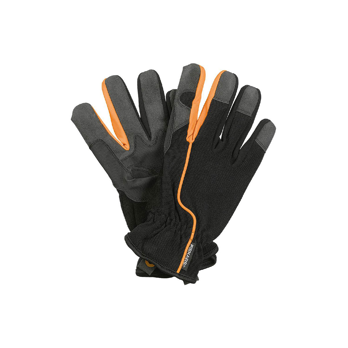 Ein Paar schwarze Gartenarbeitshandschuhe von Fiskars mit grauen Fingerspitzen und orangefarbenen Akzenten, die sowohl Schutz als auch Flexibilität für Gartenarbeiten bieten. Die Handschuhe sind ergonomisch gestaltet und verfügen über verstärkte Handflächen für zusätzliche Haltbarkeit.