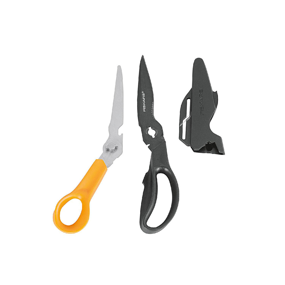 FISKARS Mehrzweckschere Cuts+More in Einzelteilen, bestehend aus abgenommener Klinge mit orangem Griff, schwarzem Griffteil und schwarzer Schutzhülle.