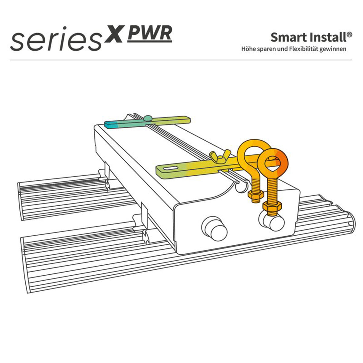 Technische Zeichnung der Smart Install Montagevorrichtung für die Greenception GCx-16 PWR 640W LED-Leuchte.