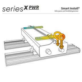 Technische Zeichnung der Smart Install Montagevorrichtung für die Greenception GCx-16 PWR 640W LED-Leuchte.